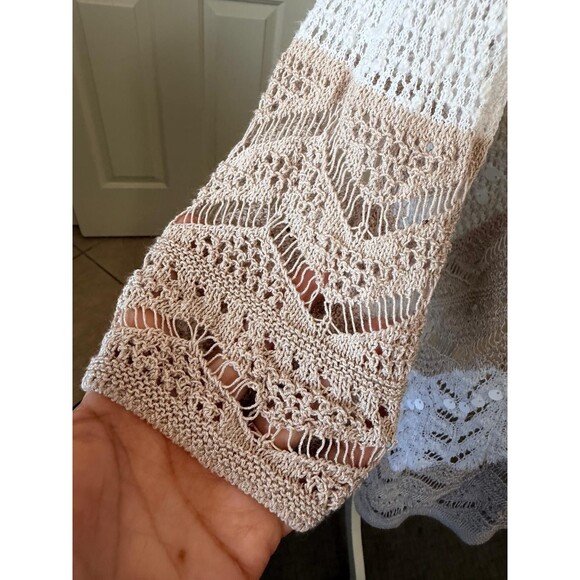Chicos Open Knit Cardigan Size 1 M Beige White Striped Sequin Boho Coastal - Picture 5 of 12